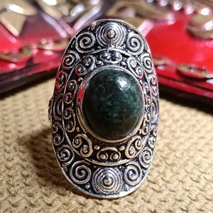 Filigree Green Nephrite Jade Ring: Sterling Silver Handmade Jewelry