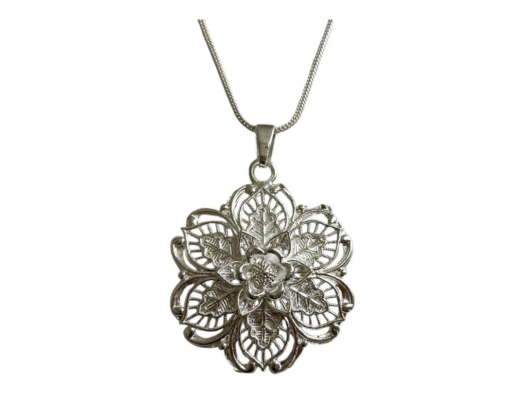 Sterling Silver Filigree Flower Pendant Necklace: Handmade Artisan ...