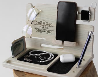Engraved charging dock, Nightstand organizer, Desk organizer, Men’s docking station, Wooden bedside stand, Tech organizer