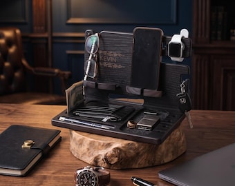 Personalized Wood Docking Station: Engraved Nightstand Organizer for Men