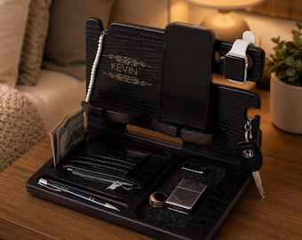 Wooden Docking Station for Men, Personalized Desk Organizer, Phone Charging Dock, Wallet and Watch Holder, Custom Engraved Gift