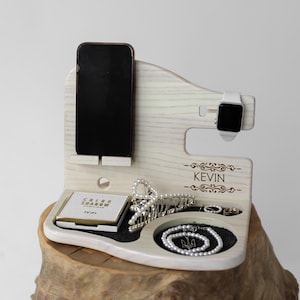 Personalized wood charging station, phone and watch holder, engraved mens gift, docking station for dad, apple watch charging dock