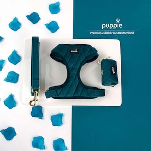 May include: Teal blue quilted dog harness, leash, and poop bag holder with gold hardware. The brand name "puppie" is printed on the harness and poop bag holder. The text "Premium Zubehör aus Deutschland" is printed on a teal blue background.