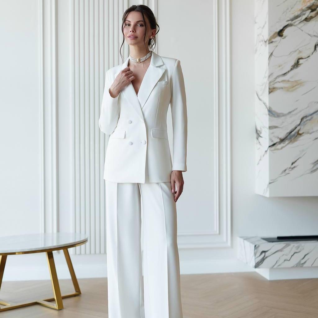 White Crepe 3-Piece Suit: Lined Jacket, Wide Leg Pants - Formal Wear