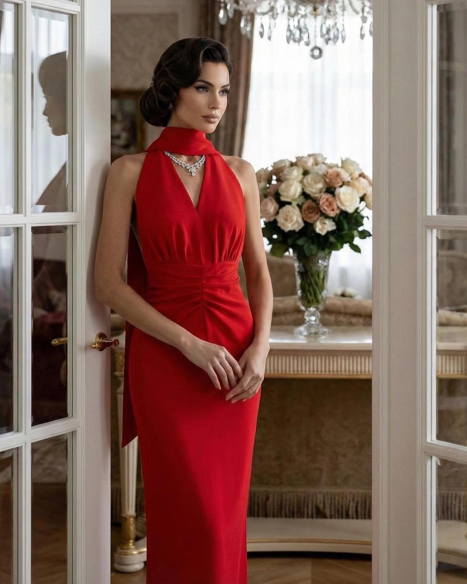 red halter neck bridesmaid dresses Red Satin V-neck Halter Sexy Slit Long A-line Prom Bridesmaid Dress
