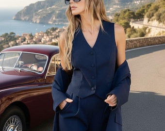 Women’s Navy Business Suit – Three-Piece Set with Blazer, Vest and Trousers