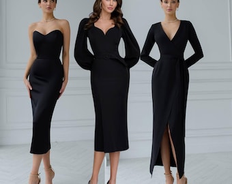 Black Midi Dresses Featuring Modern Silhouettes and Luxurious Fabrics for Special Events or Celebrations