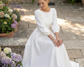 White Engagement Party Midi Dress for Women with Puff Sleeves and Open Back, Wedding Dress