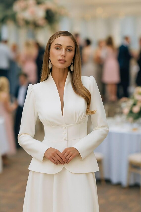 Elegant White Bridal Skirt Suit: Two-Piece Jacket and Midi Skirt Set
