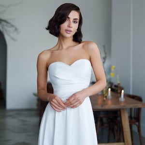 White Satin Bridal Midi Dress: Strapless Sweetheart Flared Skirt