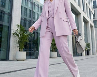 Pink Women’s Suit Set – Three-Piece Blazer, Lined Vest and Pants