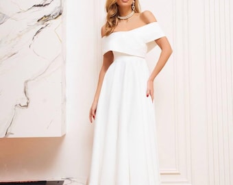 Courthouse Wedding Dress in Milk White Crepe with Graceful Off-Shoulder Design