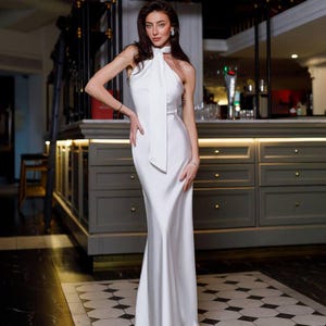 White Satin Maxi Dress: Halter Neck Evening Gown