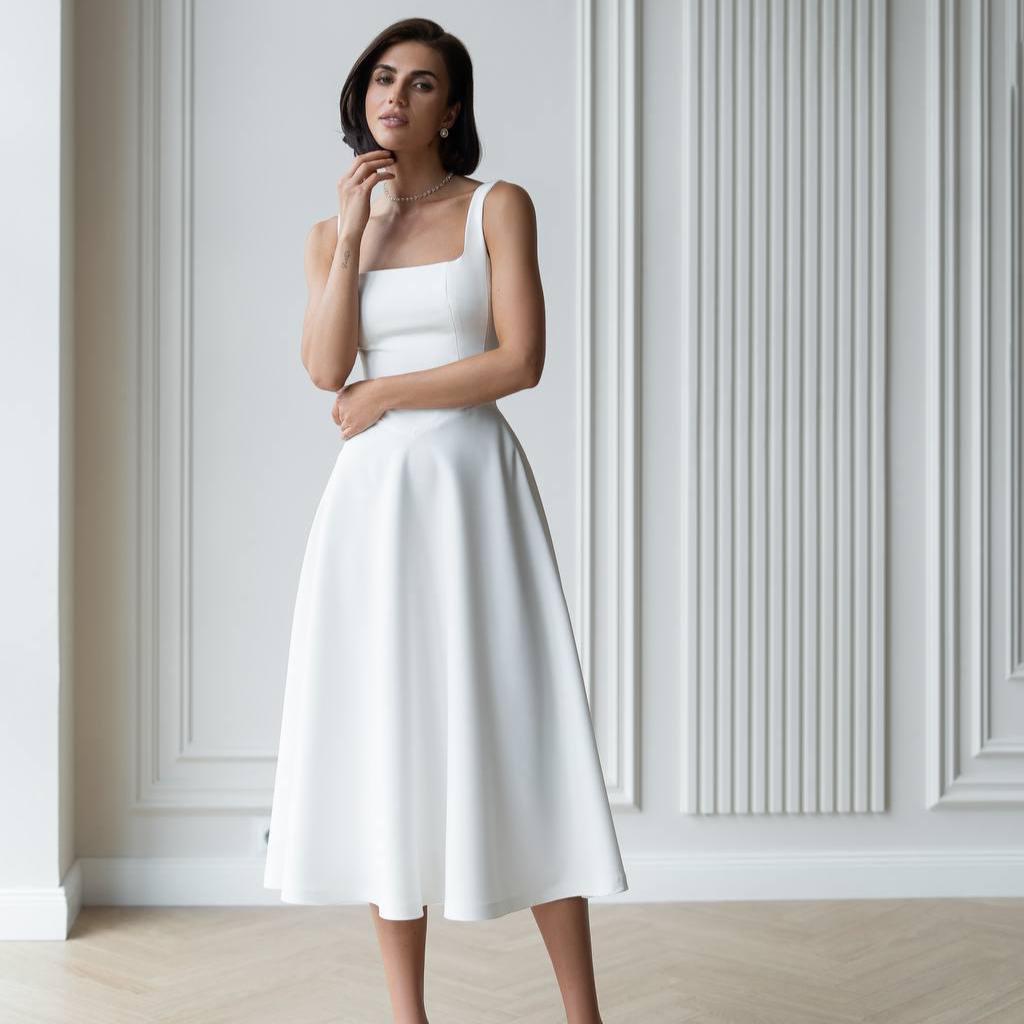 wedding rehearsal dinner dress bridesmaid Jane Summers Reid Simple White Tea Length Mermaid Rehearsal Dinner and Wedding Dress 8 / Classic White , female , adult