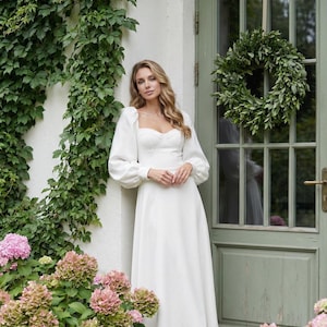 Romantic Milk White Wedding Dress with Long Sleeve  and Corset Ideal for Special Ocasion