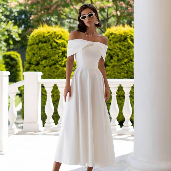 Off Shoulder Dress White Fitted Midi Dress Modal Off-Shoulder Open