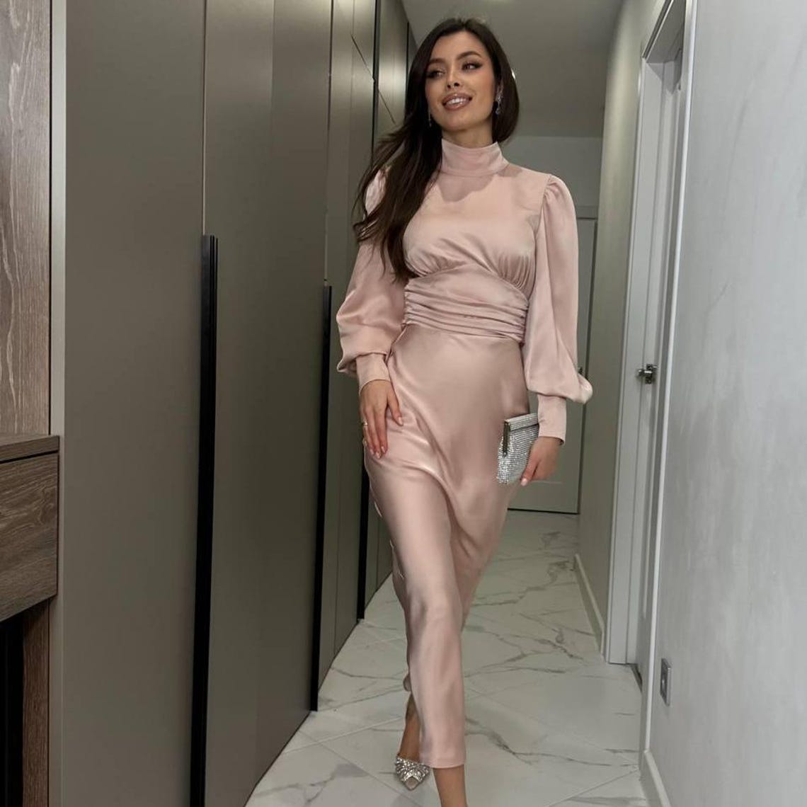 Bow Off-the-Shoulder Floor-length A-Line Satin Dress Peach