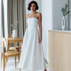Strapless White Midi Dress Reception Dress With Structured Corset Top and Flowing Skirt in Luxury Crepe for Modern Bridal or FormaL