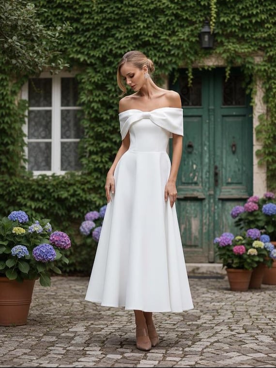 Long Sleeve Midi Caroline Midi Dress Elegant Off-shoulder White Midi Dress   A-line Silhouette With Folded Bodice