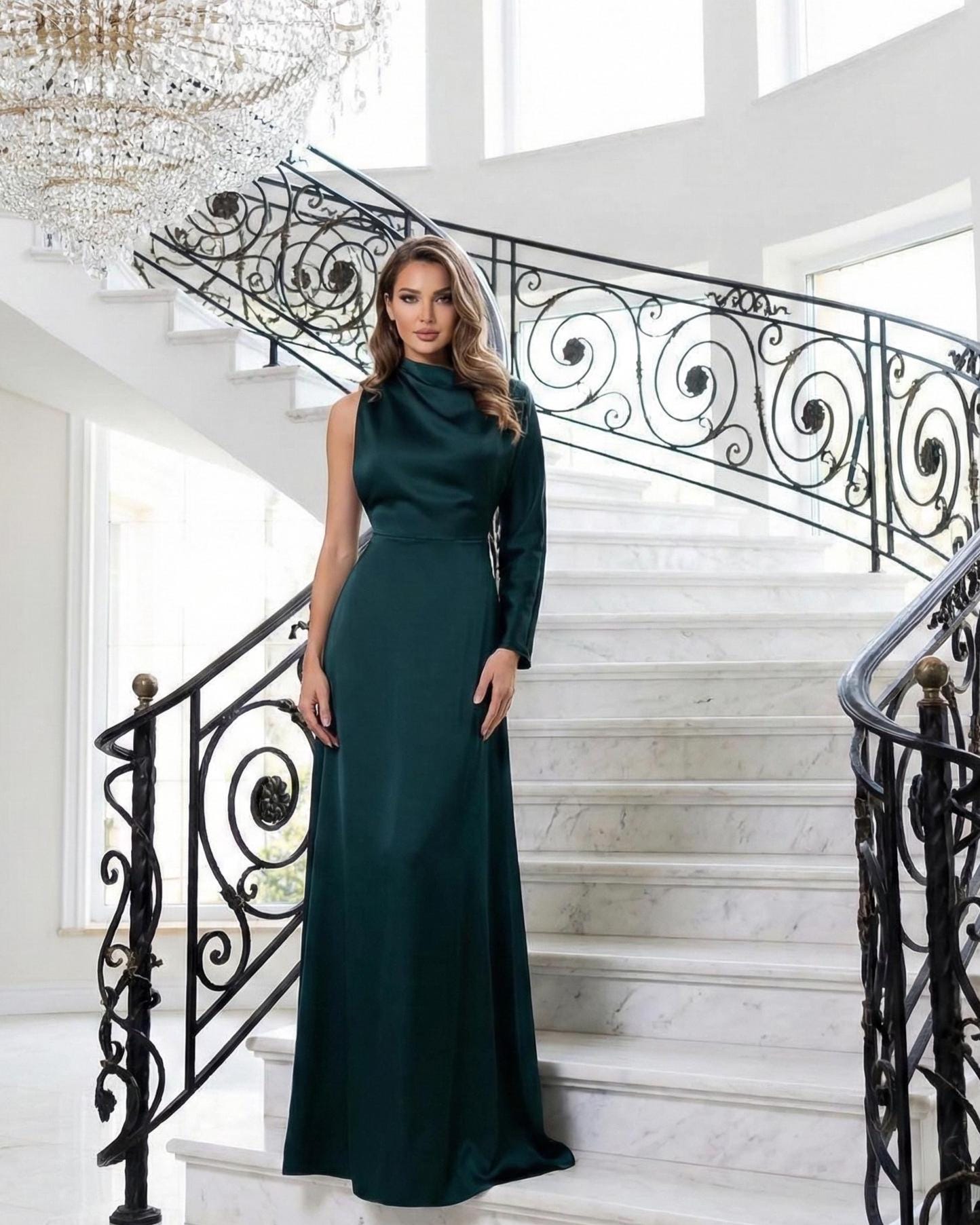 slim fit dress slacks Dark Green One Sleeve Sparkly Sequin Mermaid Prom Dress main image 1