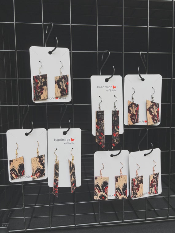 Black, Tan and Red Floral Earrings, Lightweight Asymmetrical Bar