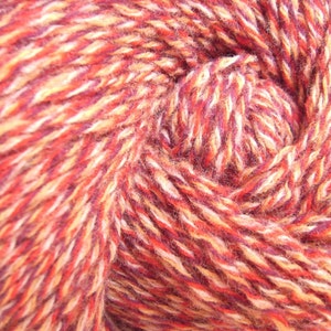 May include: Close-up of a ball of yarn with a mix of red, orange, white, and brown colors.