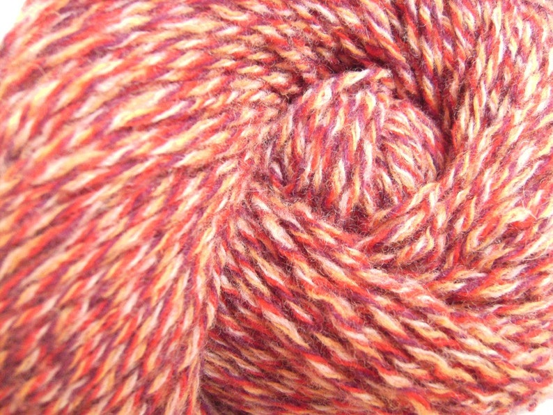 May include: Close-up of a ball of yarn with a mix of red, orange, white, and brown colors.