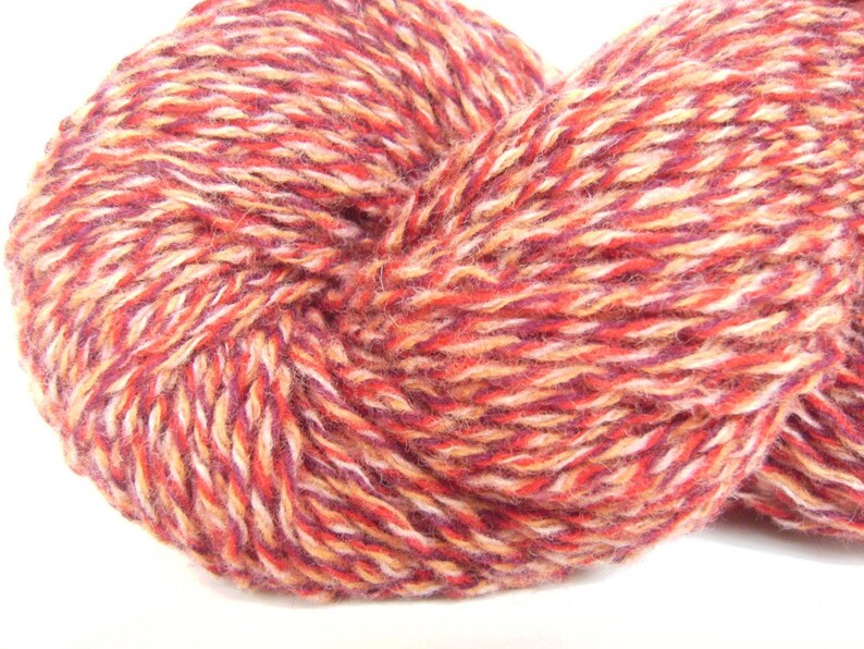 May include: A skein of yarn in a multi-colored blend of red, orange, white, and purple.