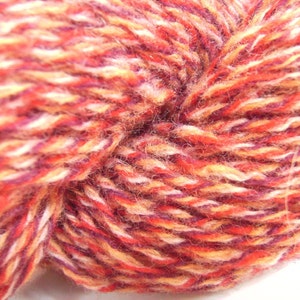 May include: A close-up of a ball of yarn with a mix of red, orange, white, and purple colors.