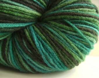Hand dyed lambswool yarn multicolored variegated green blue aqua black - 420 yards - Earth and Sky