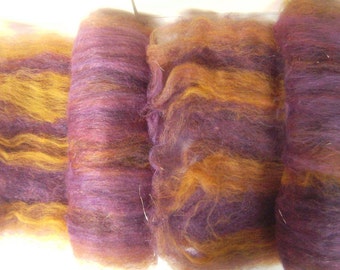 Smooth carded spinning felting fiber Corriedale Merino metallic thread luxury fiber mixed fiber purple gold - 2.10 ounces - Royal