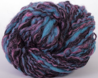 Hand spun yarn hand dyed yarn thick and thin yarn jewel tone black teal purple Merino wool Tussah silk firestar - 78 yards - Fancy Dress