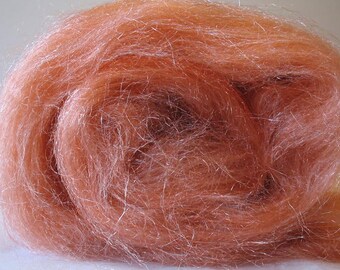 Hand dyed Tussah silk and firestar smooth carded fiber for spinning felting or silk fusion - Silk and Shimmer Batt - Copper - 2.0 ounces