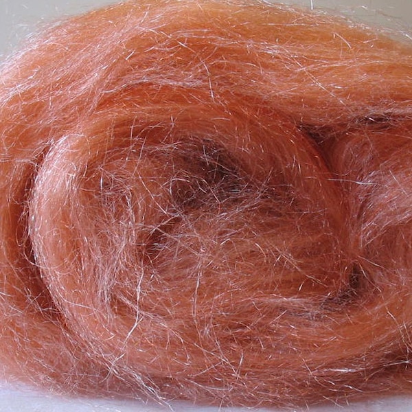 Hand dyed Tussah silk and firestar smooth carded fiber for spinning felting or silk fusion - Silk and Shimmer Batt - Copper - 2.0 ounces