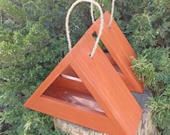 Handgemaakte driehoekige houten vogelvoederhuisje, hangend, modern vogelhuisje, tuindecoratie