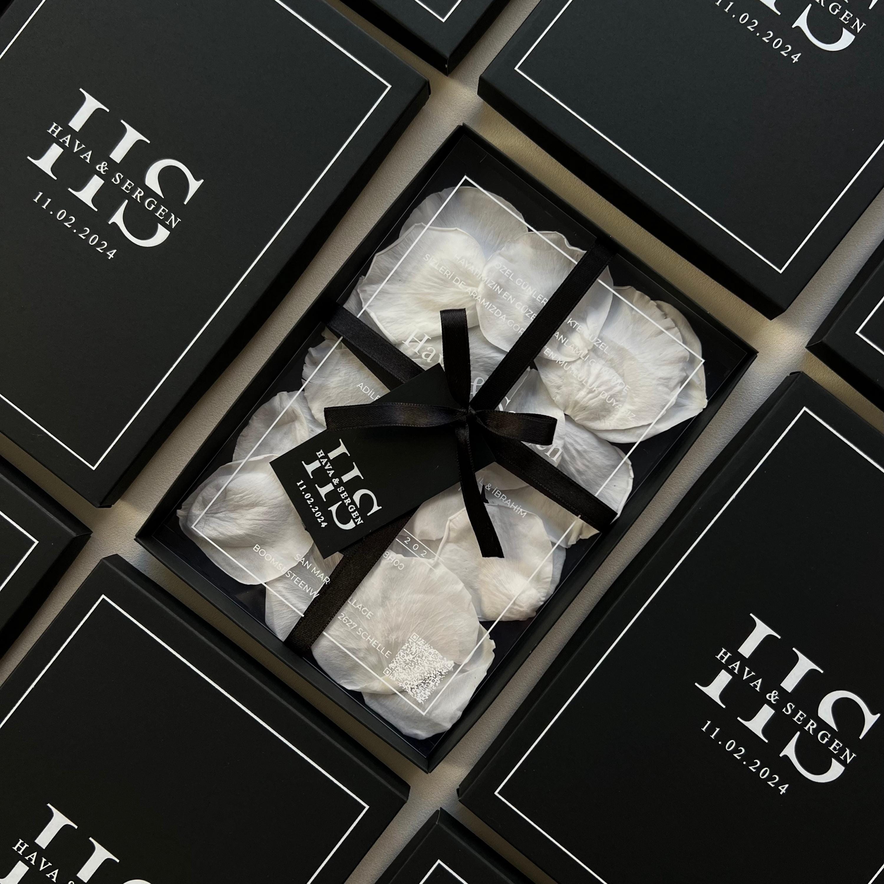 Luxury Wedding Invitation: Black Embroidered Box with White Petals