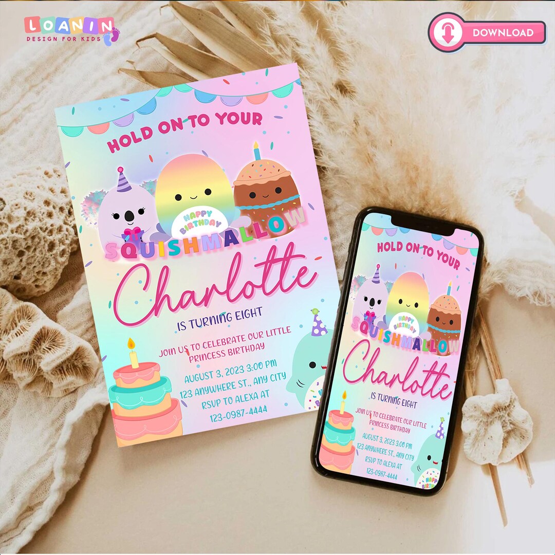 Printable Squishmallow Invitation, Squishmallow Birthday Digital File
