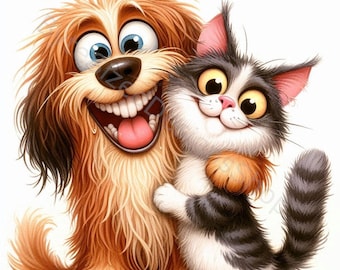 Quirky Dog and Cat Clip Art Set 10 High Res Watercolor JPGs for Junk Journaling, Scrapbooking, Card Making, Crafts,Digital Download, Fantasy