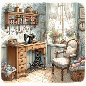 Set di 10 clip art ad acquerello ad alta risoluzione per la stanza da cucito vintage, per il diario di scarto, lo scrapbooking, la creazione di biglietti, l'artigianato e il download digitale.