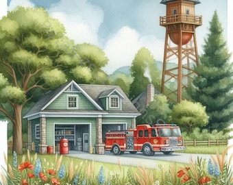 Clipart aquarelle de caserne de pompiers : fichiers JPG haute résolution (téléchargement numérique)