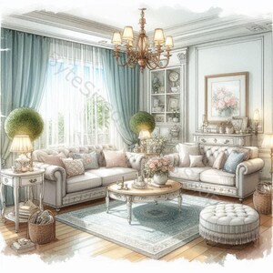 以下が含まれることがあります： クラシックなデザインの豪華なリビングルームの水彩イラスト。タフテッドソファ、丸いコーヒーテーブル、シャンデリア、花の絵画が特徴です。パステルブルー、ピンク、クリームなど、柔らかい色使いです。