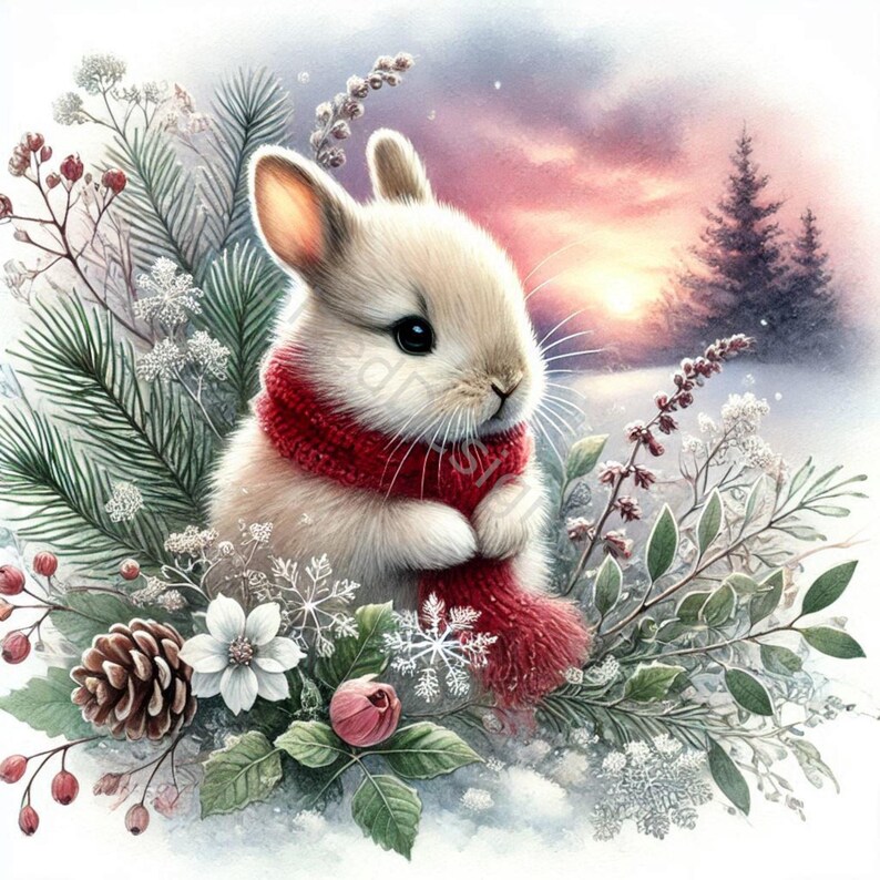 K&ouml;nnte beinhalten: Aquarellillustration eines wei&szlig;en Kaninchens mit rotem Schal, umgeben von winterlichem Laub. Die Szene zeigt Tannennadeln, Beeren und Schneeflocken, mit einem weichen, verschneiten Hintergrund und einem Sonnenuntergang. Ein Tannenzapfen und eine wei&szlig;e Blume sind ebenfalls zu sehen.