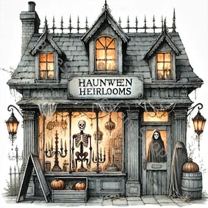 Ensemble de 10 images clipart de la boutique Halloween haute résolution JPG aquarelles pour la journalisation indésirable, le scrapbooking, la fabrication de cartes, les travaux manuels, le téléchargement numérique