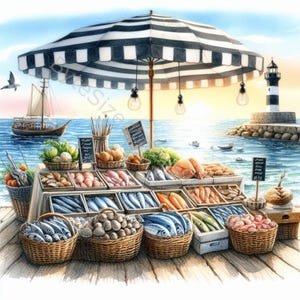 Fischmarkt Clip Art Set 10 hochauflösende JPGs in Aquarelloptik für Junk Journaling, Scrapbooking, Kartenherstellung, Basteln, digitaler Download