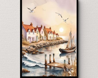 Seaside Village - Coastal Printable Wall Art | Charming Seaside Landscape Print | Instant Download Beach Decor for Home & Office