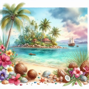 Tropical Island Escape Clip Art Set 10 hochauflösende Aquarell JPGs für Junk Journaling, Scrapbooking, Kartenherstellung, Basteln, digitaler Download