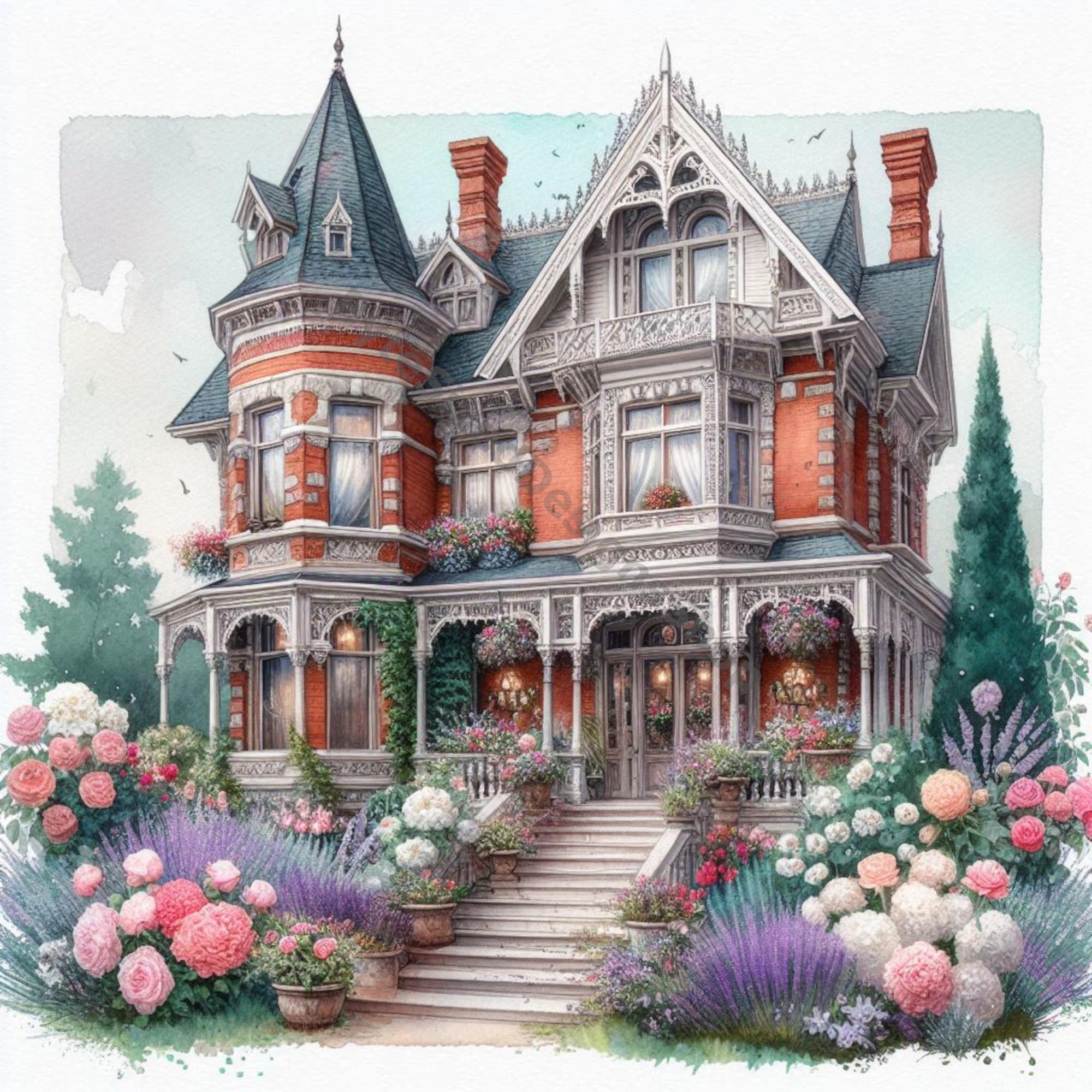 Victorian House Clip Art Set 10 High Res Watercolor Jpgs for Junk ...