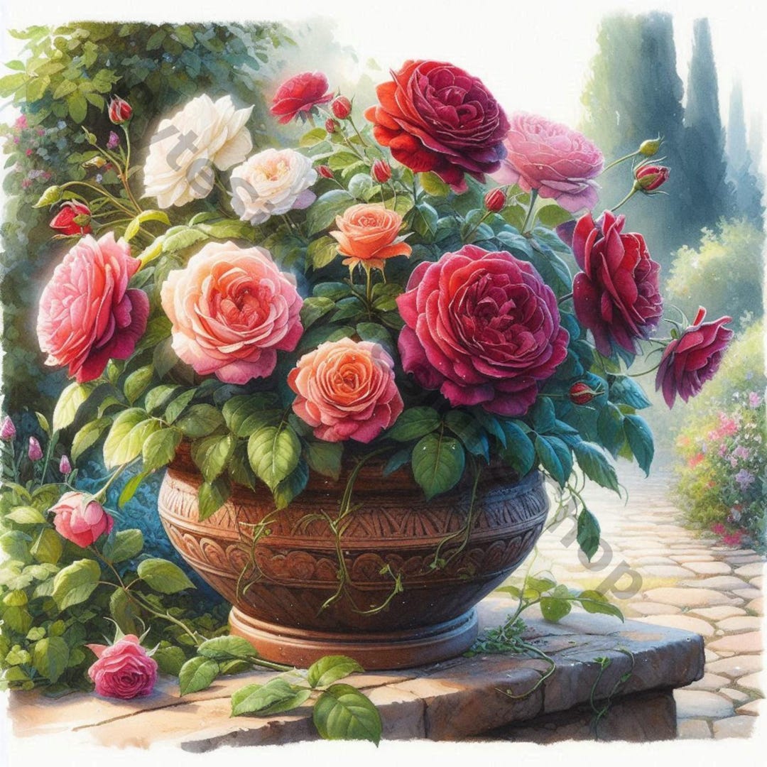 Potted Roses Clip Art Set 10 High Res Watercolor Jpgs for Junk ...