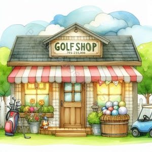 Conjunto de imágenes prediseñadas de tienda de golf: 10 archivos JPG de acuarela de alta resolución para diarios basura, álbumes de recortes, creación de tarjetas, descarga digital, fantasía y caprichos.