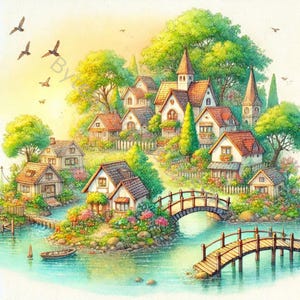 Winziges Traumdorf Clip Art Set 10 hochauflösende Aquarell JPGs für Junk Journaling, Scrapbooking, Kartenherstellung, Basteln, digitaler Download
